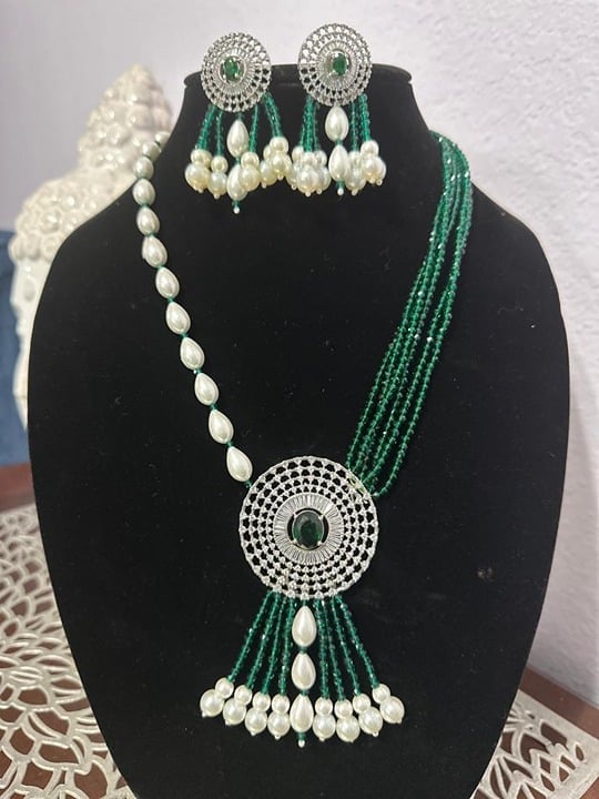 Beautiful Indowestern Necklace emerald onxy beads and pearl combo