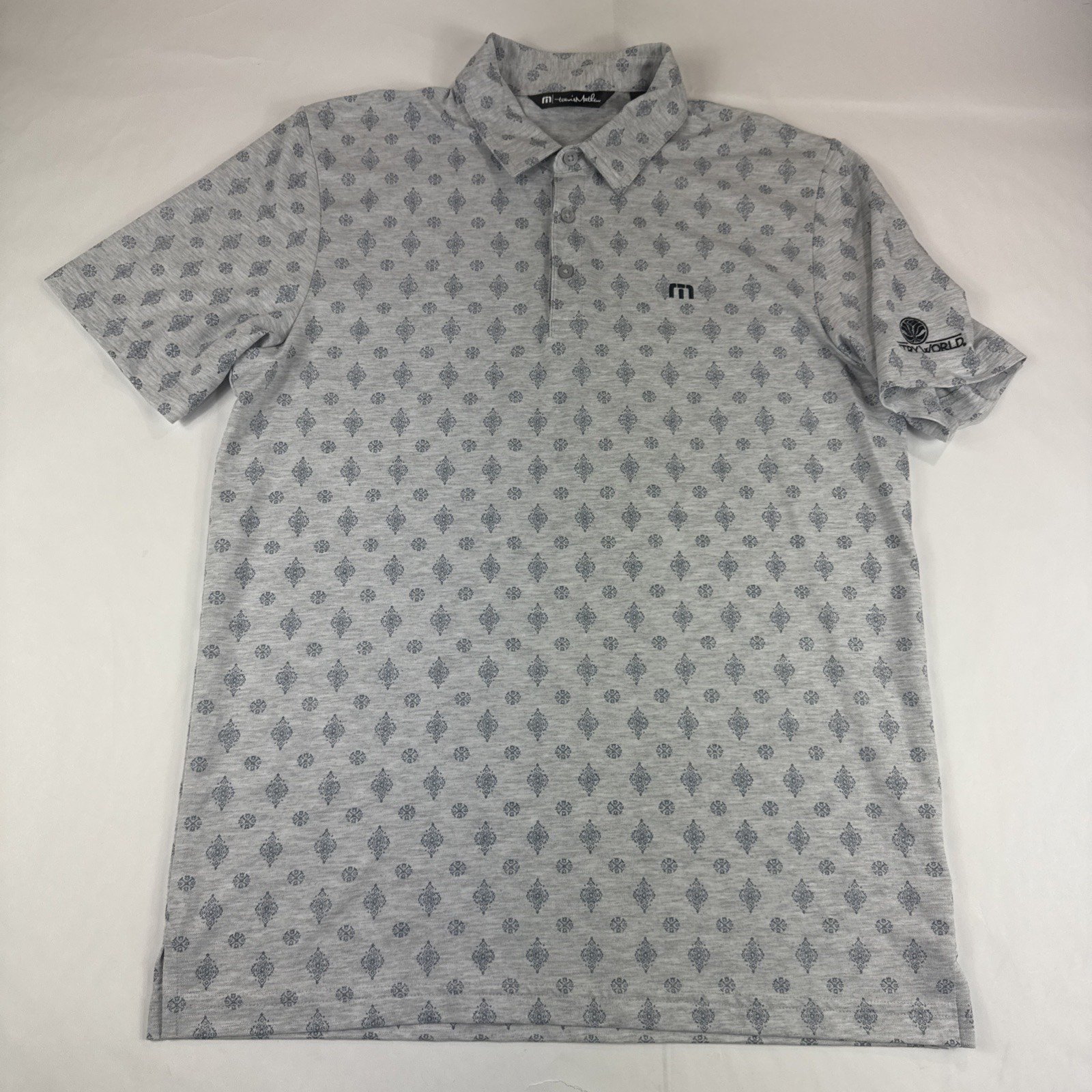Travis Mathew Atole Polo Mens M Gray Geometric Golf Shirt Performance Preppy