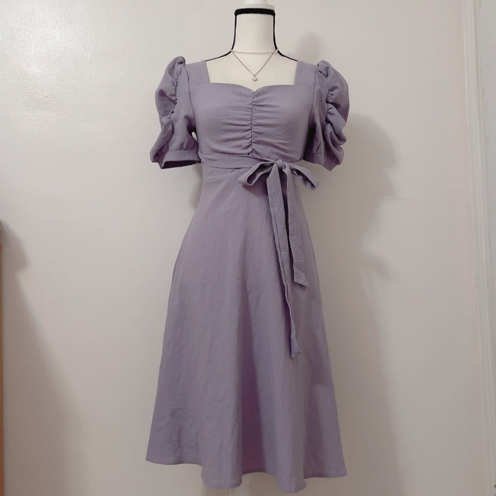 Japanese branded lavender milkmaid ribbon tie gathered sleeves ruffle dress
