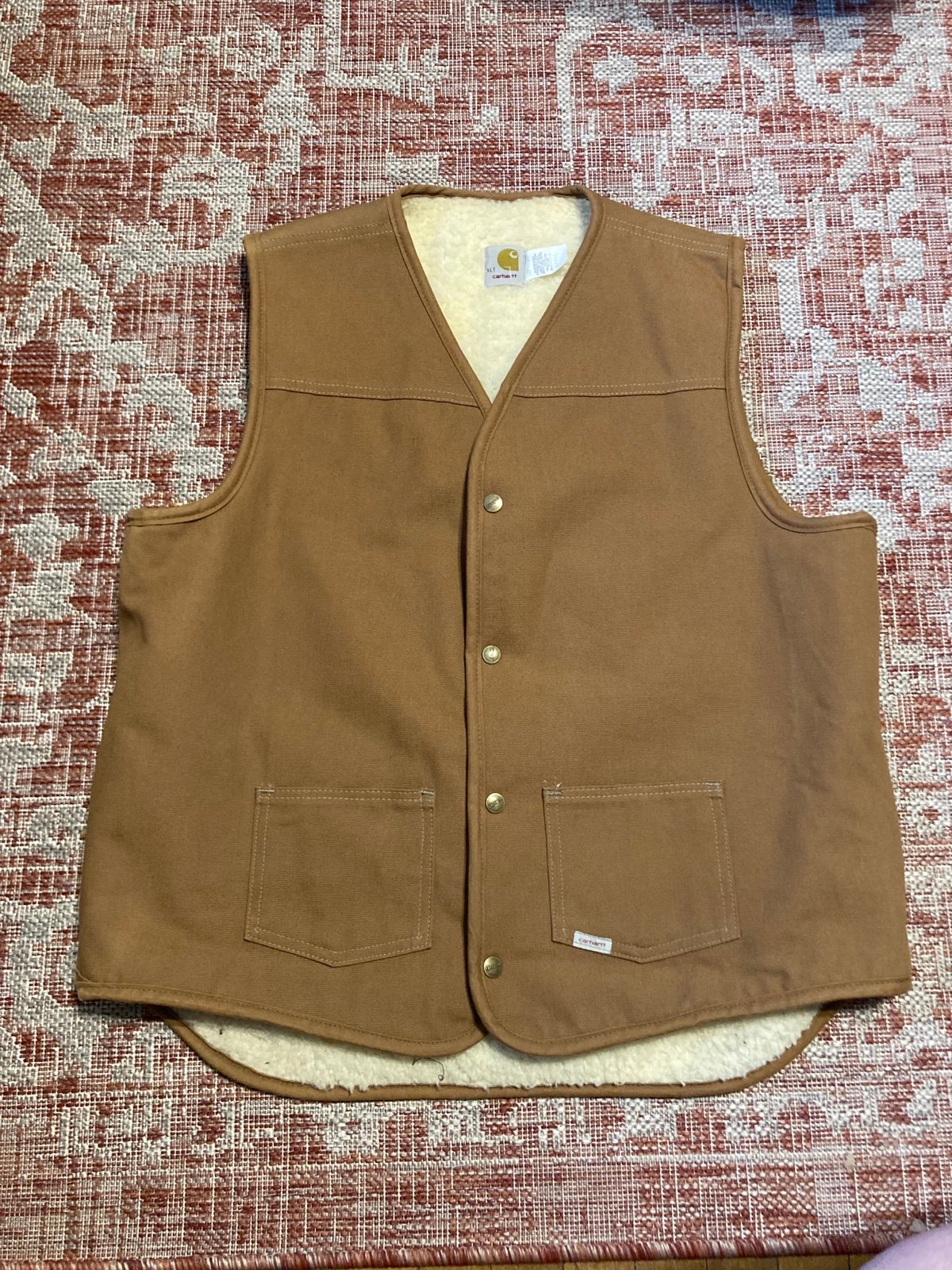 Vintage Carhartt Vest Button Up Size XLT Made in USA Sherpa Lined Brown