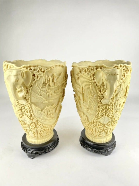 Vintage Asian Japanese Hand Carved Resin 2 Vases Elephant Handles Italy