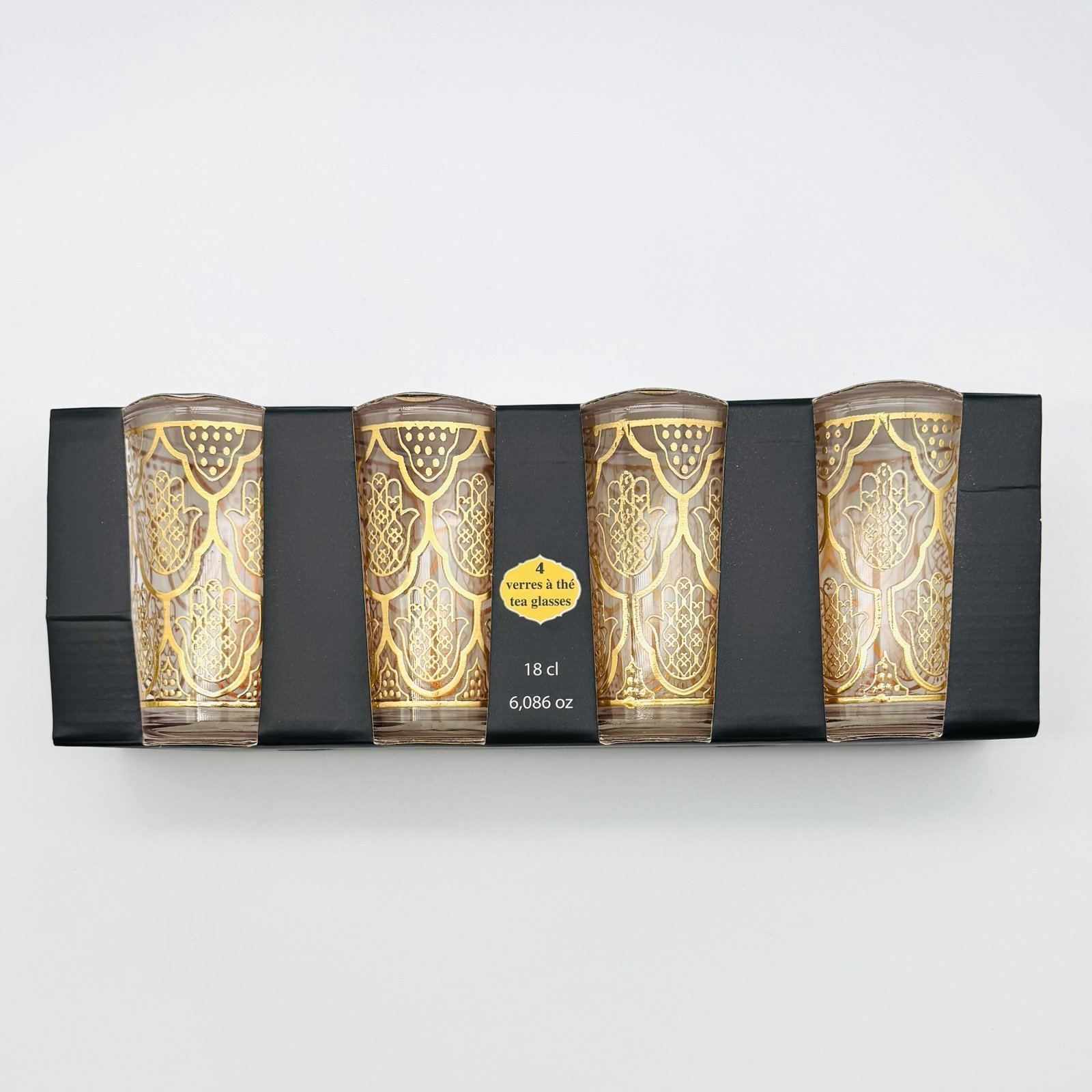 Casablanca Moroccan Tea Glasses Clear & Gold Hamsa Hand New Set Of 4