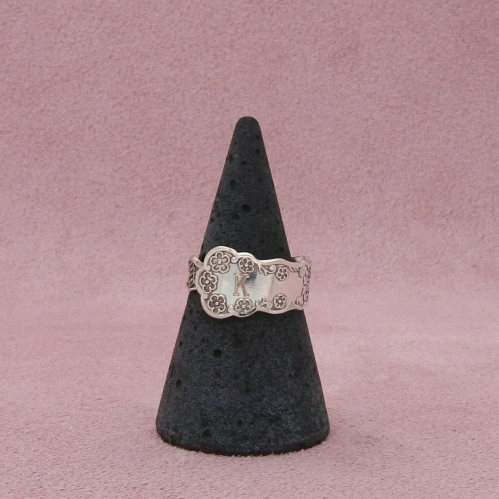 l vernon sterling silver vintage floral letter k initial spoon ring size 7