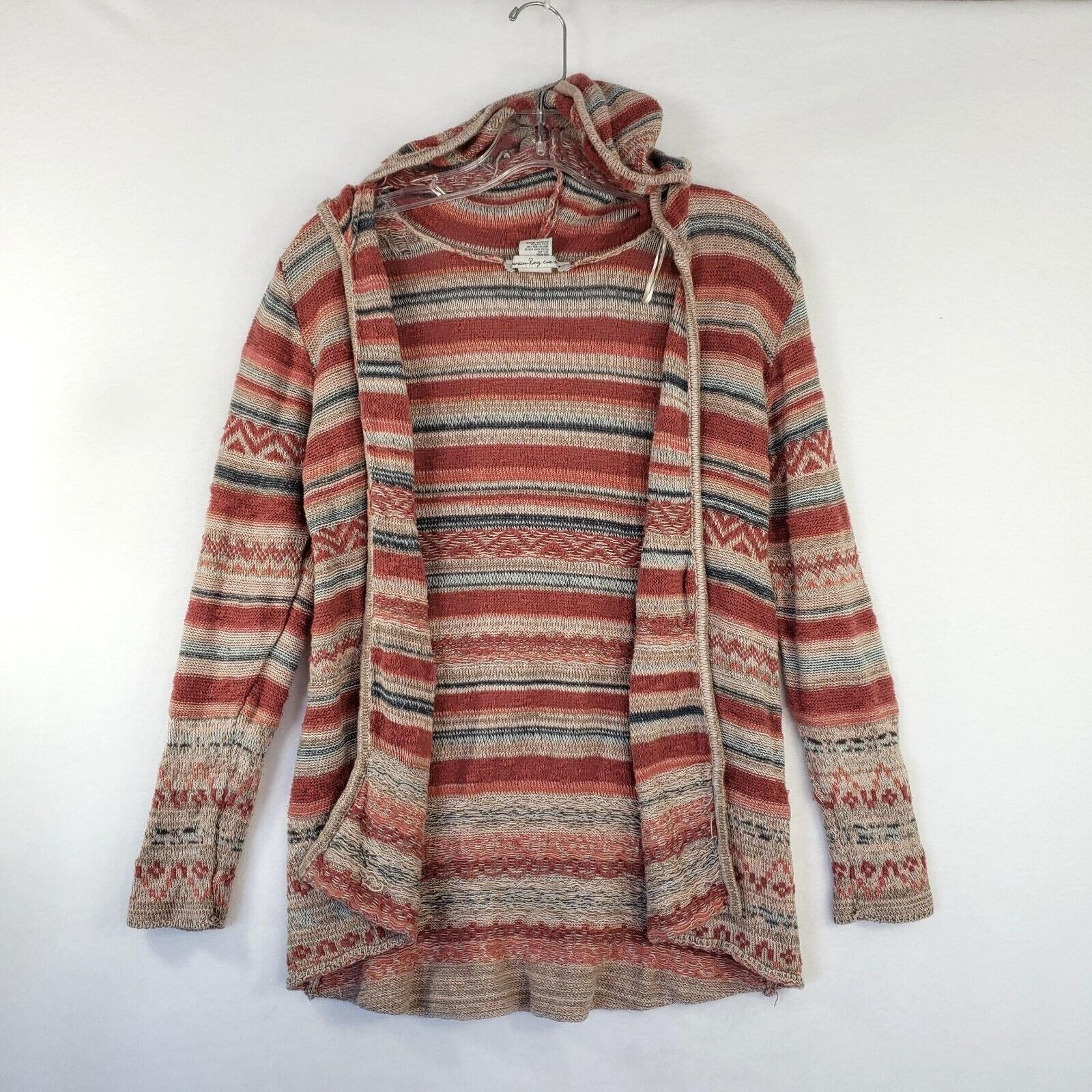 American Rag Hooded Cardigan Womens Small Striped Knit Open Front Sweater Comfy