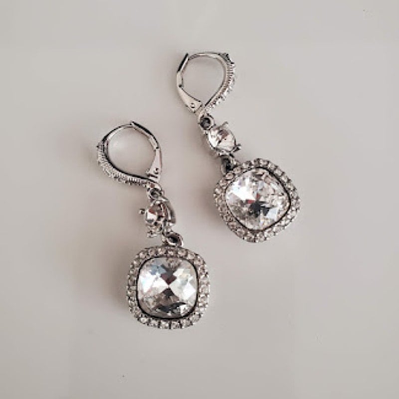 Givenchy Crystal Cushion Stone Drop Earrings Lever Back Silver Tone Halo