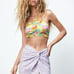 ZARA Floral Satin Ruched Front Smocked Back Adjustable Halter Crop Top Size XL