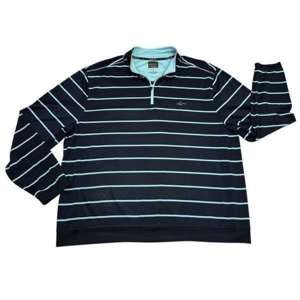 Greg Norman Tasso Elba 1/4 Zip Navy Blue & Aqua Striped Pullover Men’s Size XL