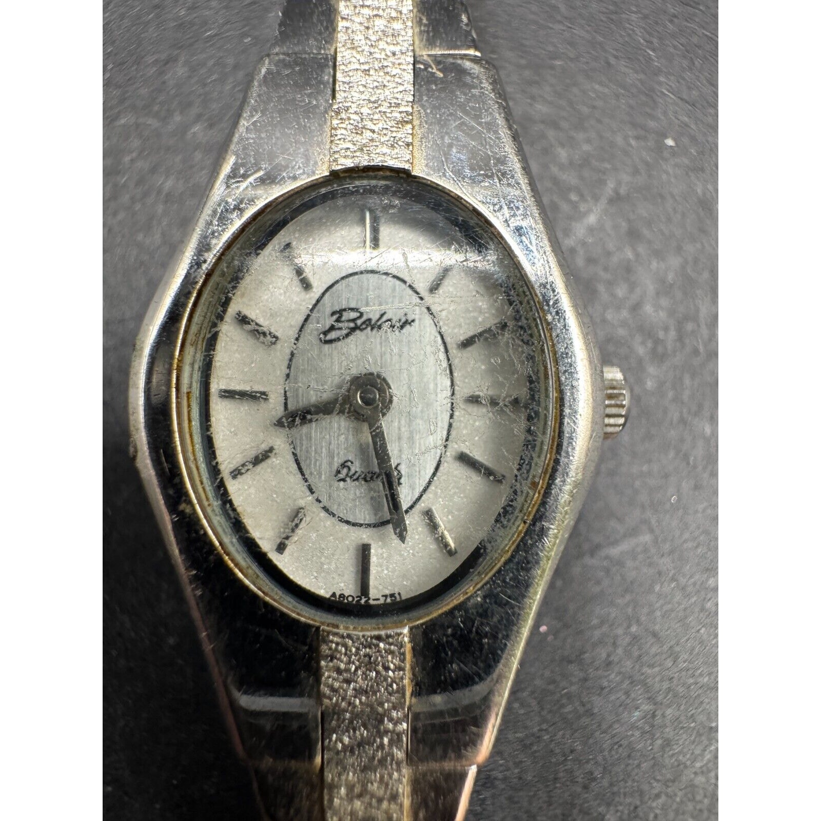 Vintage Bolair Quartz Watch A8022-751 Oval Silver Tone Dial Stainless Steel Band