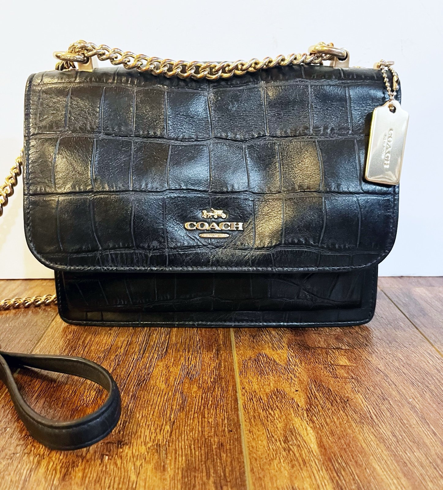 Coach Black Mini Claire Chain Crossbody embossed leather flap Croco Purse Bag