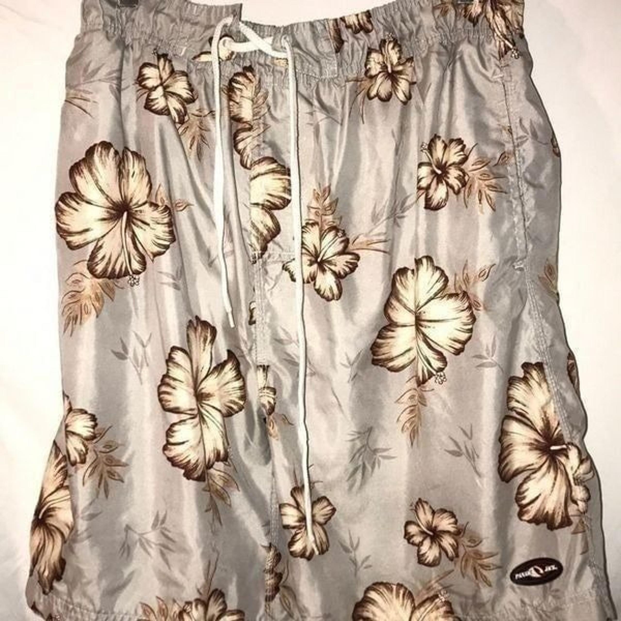Panama Jack Men's Elastic Waist Drawstring Floral Gray/ Brown Swim Shorts Size M