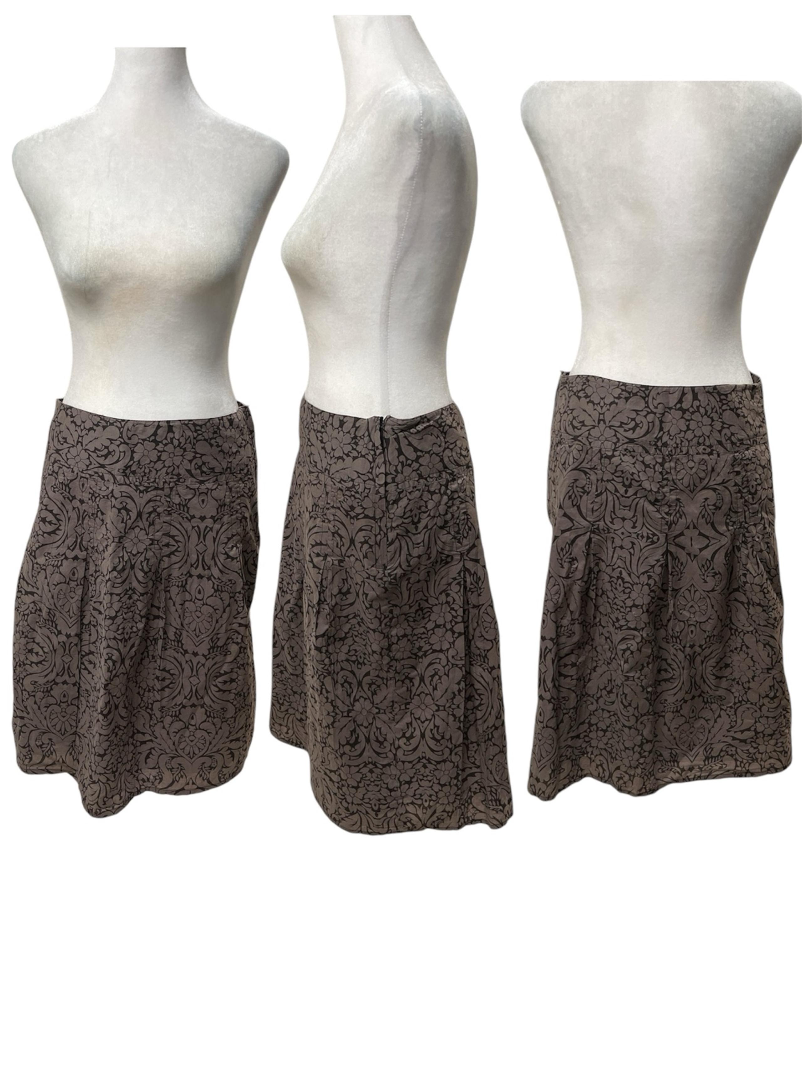 H&M 2 Tone Brown Paisley/Floral Print Pleated 100% Cotton Zip Side Skirt Size 6