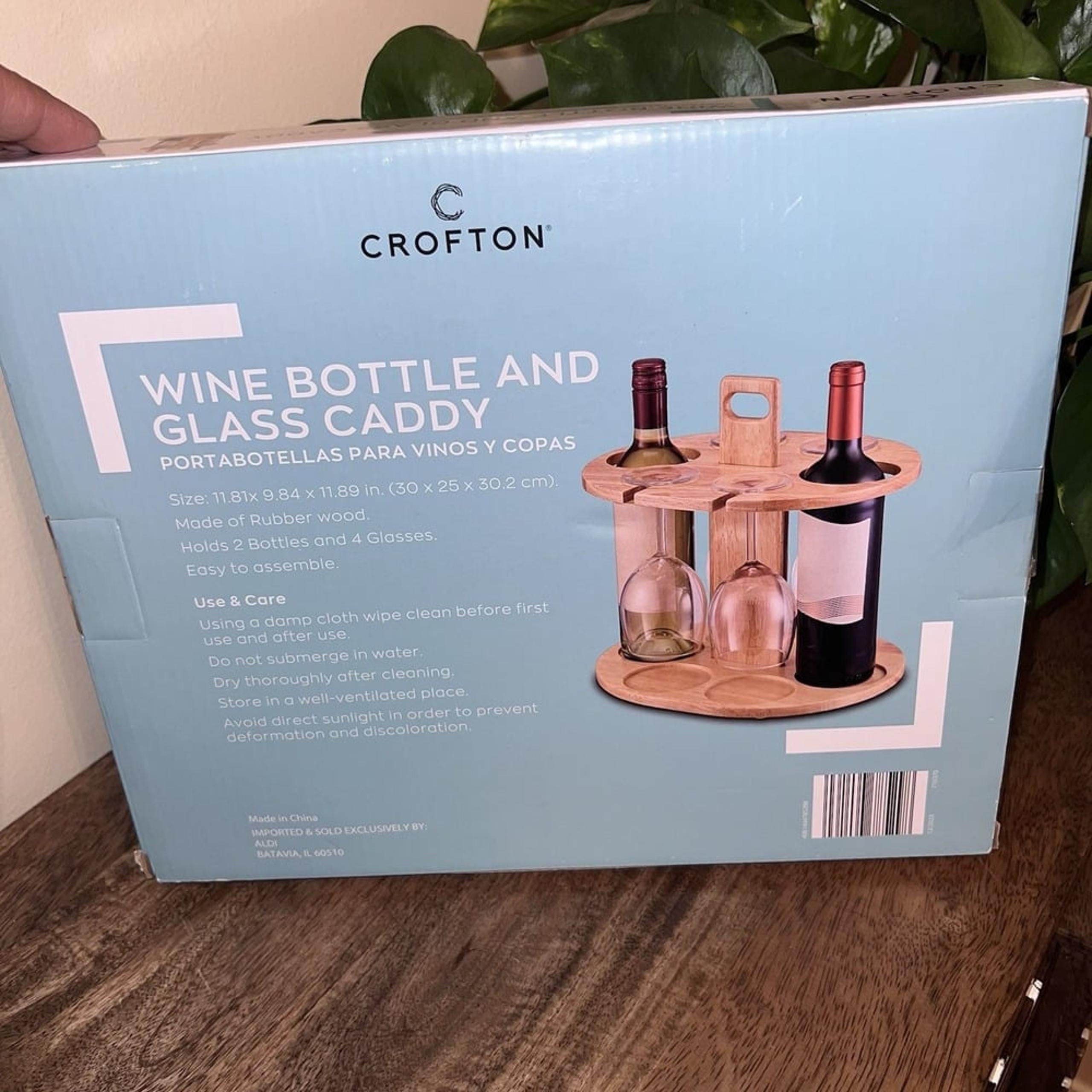Wine Bottle Holder Glass Caddy Cup Wooden Rack w/ Handle New in Box