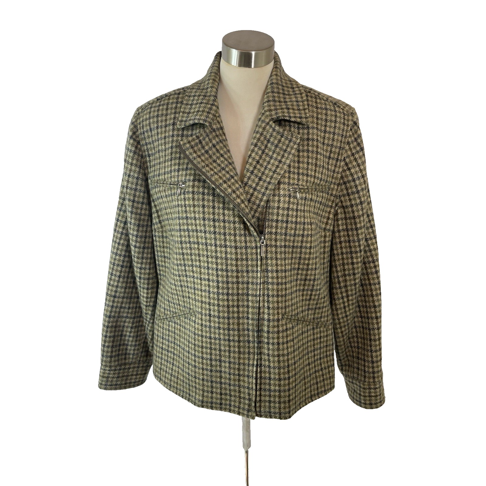 Vtg Ralph Lauren Wool Houndstooth Check Blazer Jacket Women's Sz 16W Zip Classic