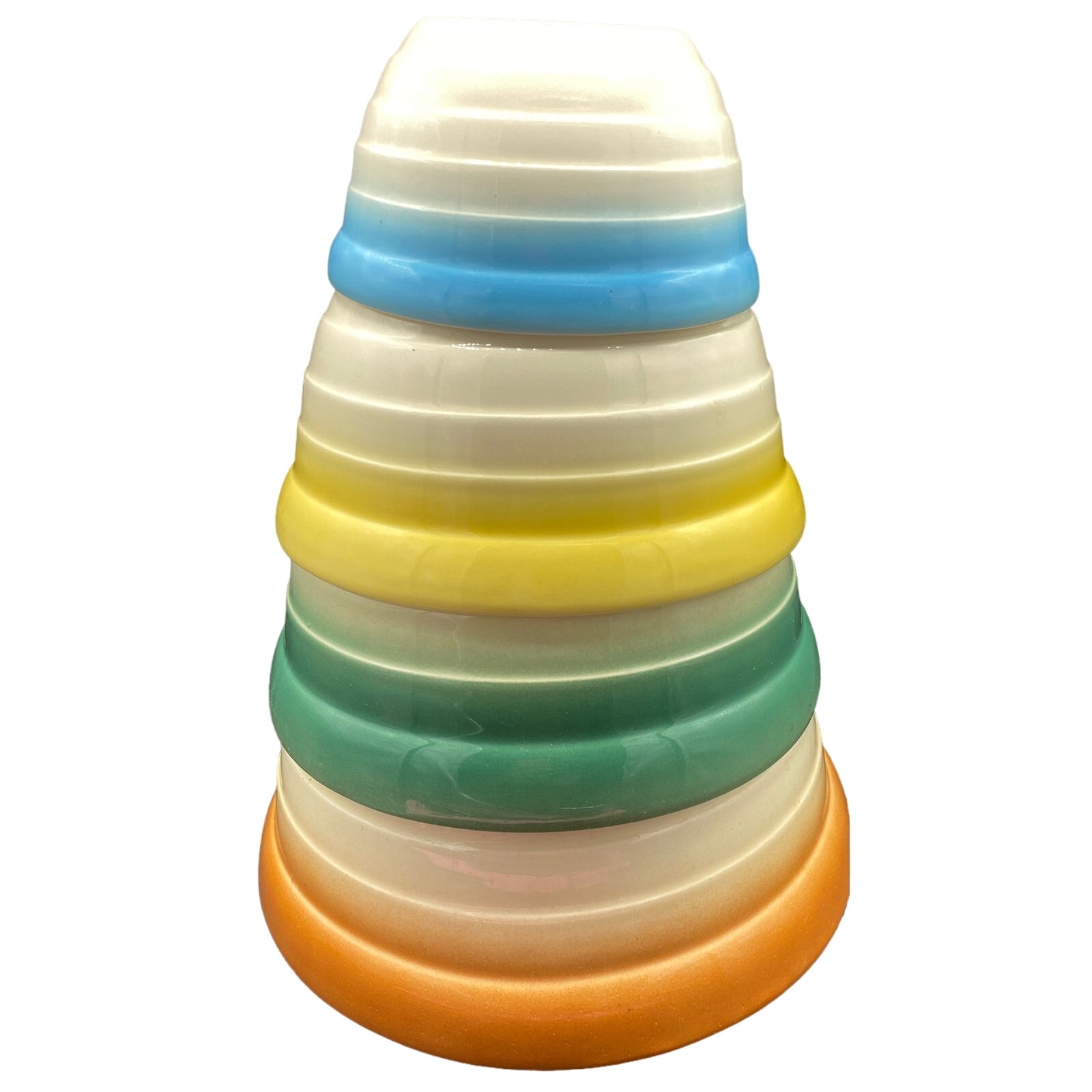 4 Vintage Nesting Bowls oven ware ribbed ceramic orange, green, yellow blue