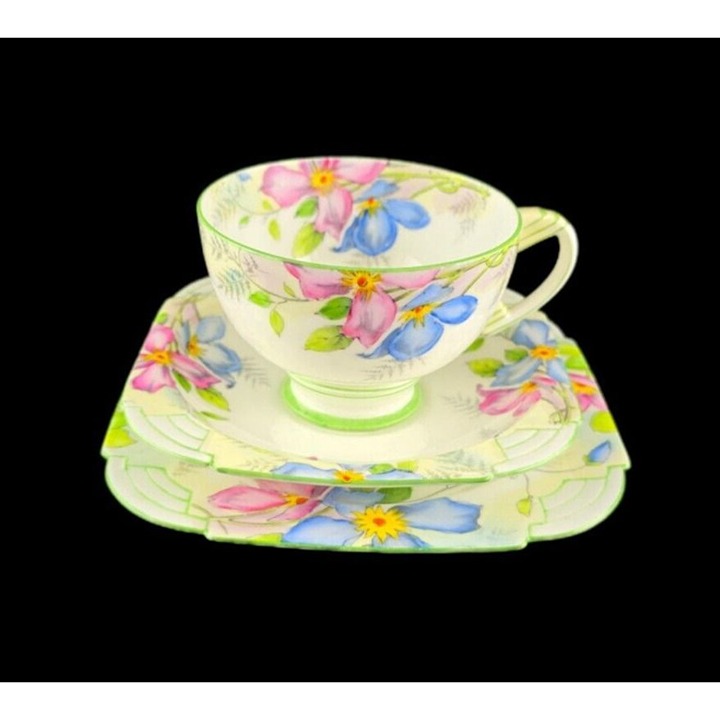 Vintage Replica Paragon Clematis Hand Painted Teacup Saucer Bread Plate 1930s