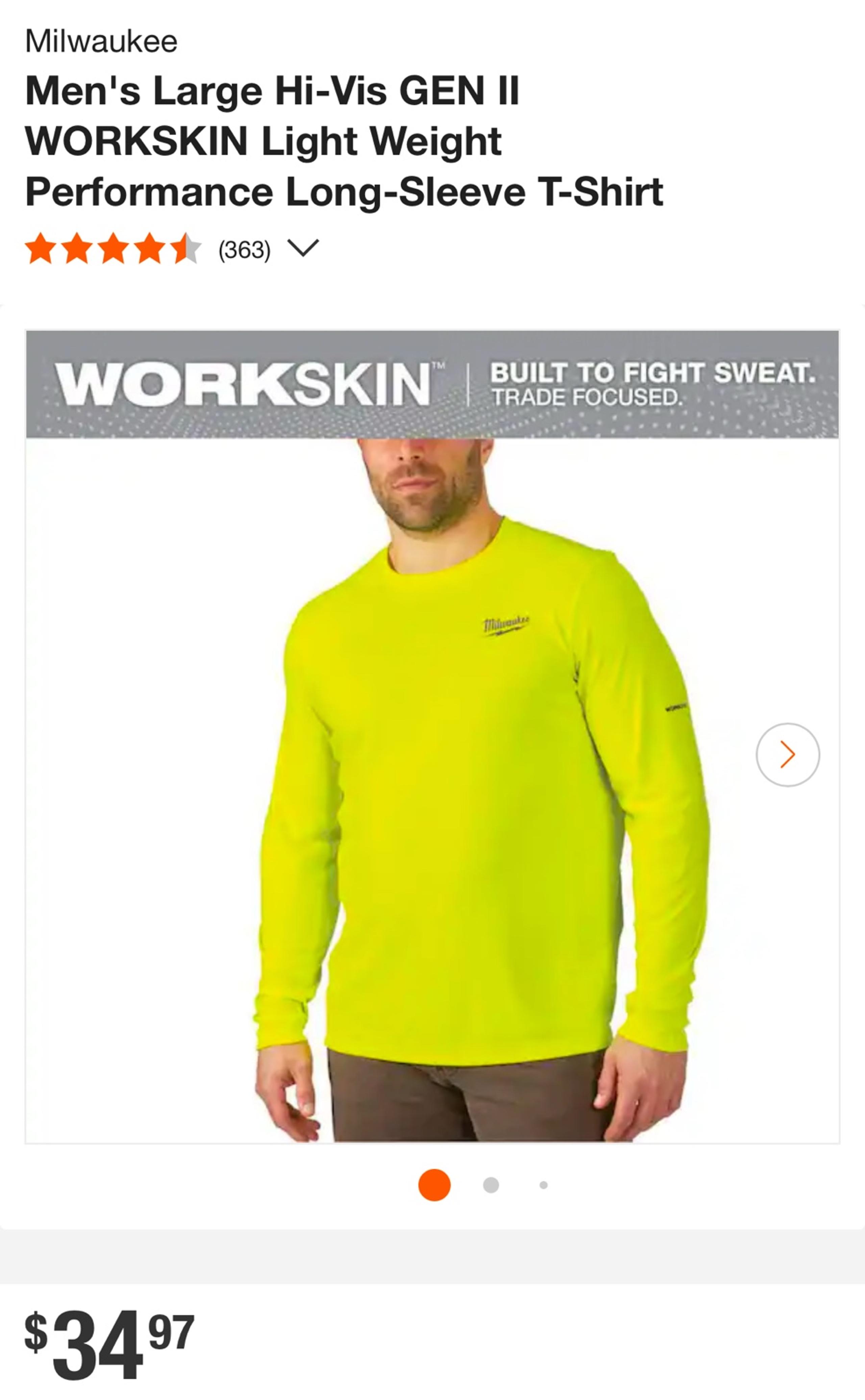 Milwaukee Men's Large Hi-Vis GEN II WORKSKIN Light Weight Performance Long-Sleev