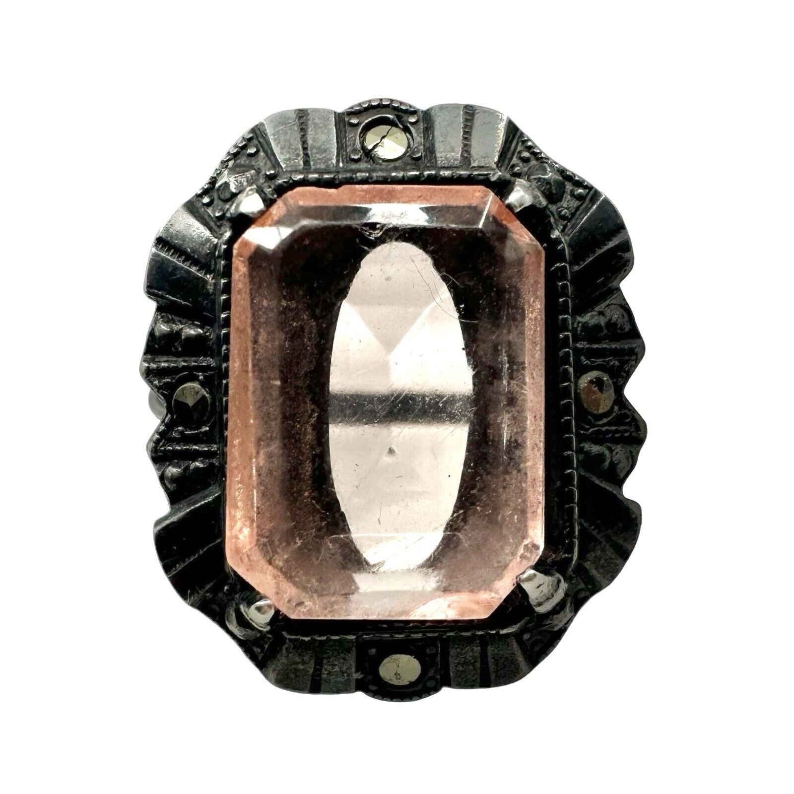 DECO Sterling Silver PINK GLASS Czech? Marcasite Antique Ring Vintage 925 Size 6