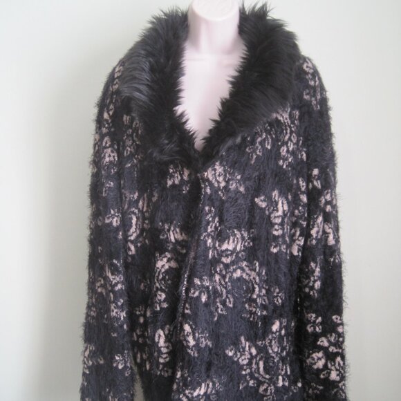 Black Rivet Women's Large Black & Tan Fuzzy Sweater Cardigan with Faux Fur Trim