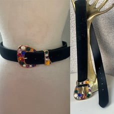 Vintage 80s glam black belt velveteen with rhinestones buckle Sz M/L Unspoiled