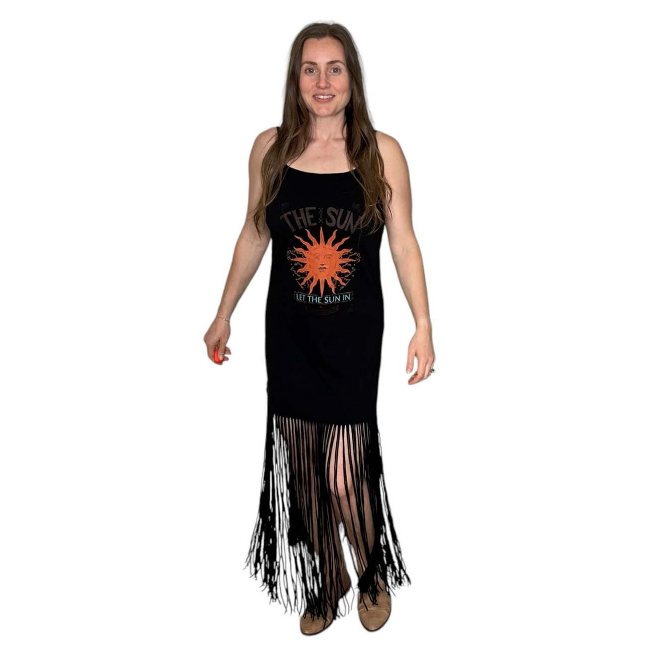 FARM RIO x Anthropologie Black Slim Fringe Maxi Tank Dress Women's Size Medium