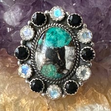 Chrysocolla mosaic moonstone onyx statement sterling ring