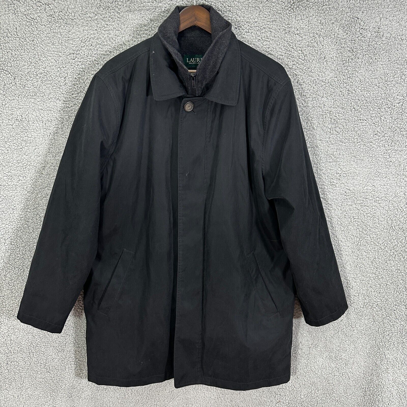 Lauren Ralph Lauren Coat Mens 42R Black Detachable Lining Wool Water Repellant