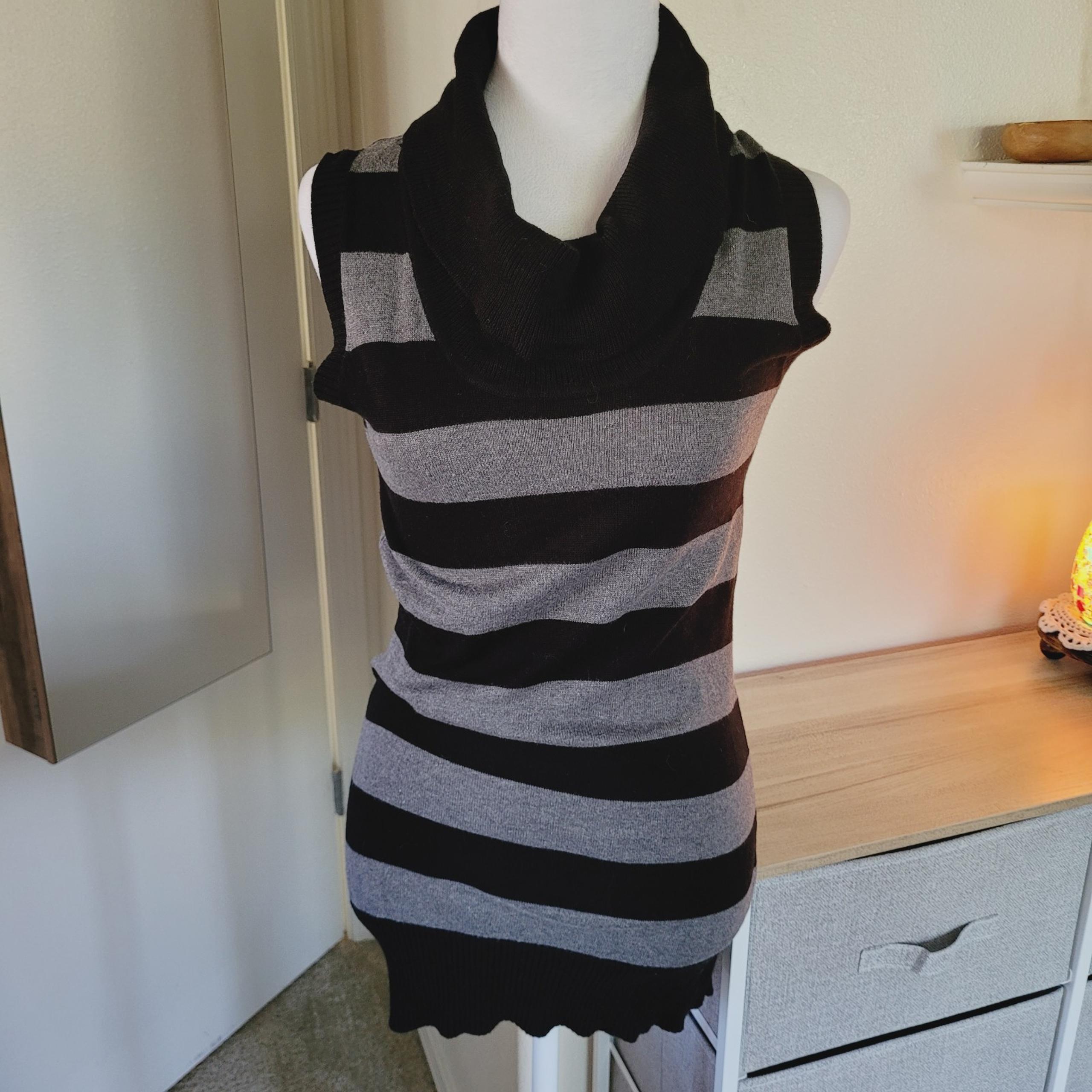 XOXO women's medium sweater mini dress striped cowl neck grey black y2k 2000s