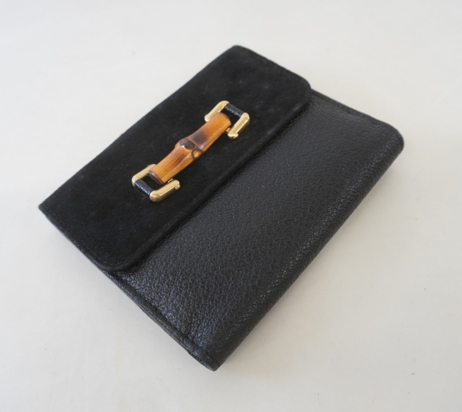 Auth Gucci Bifold Wallet Bamboo 035 1137 1866 Leather/Suede Black Gold metal