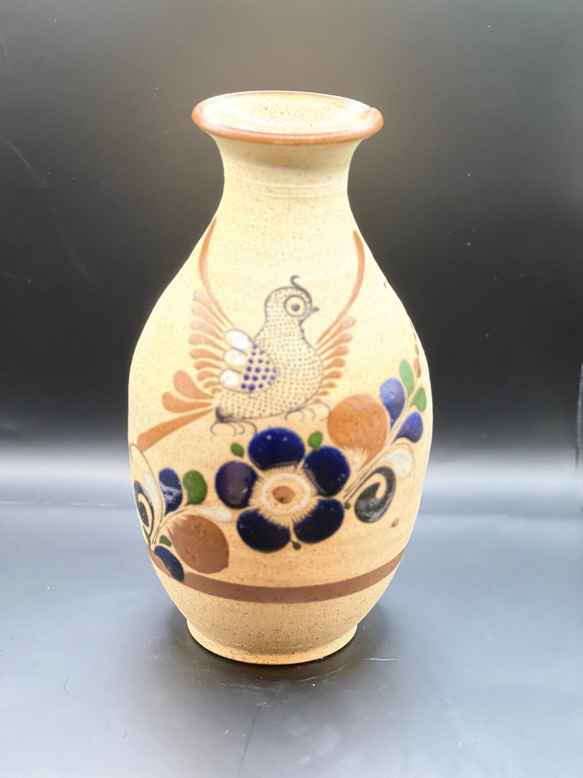 Vintage Tonala Bird Sandstone Folk Art Pottery Vase Mexican Pottery Signed