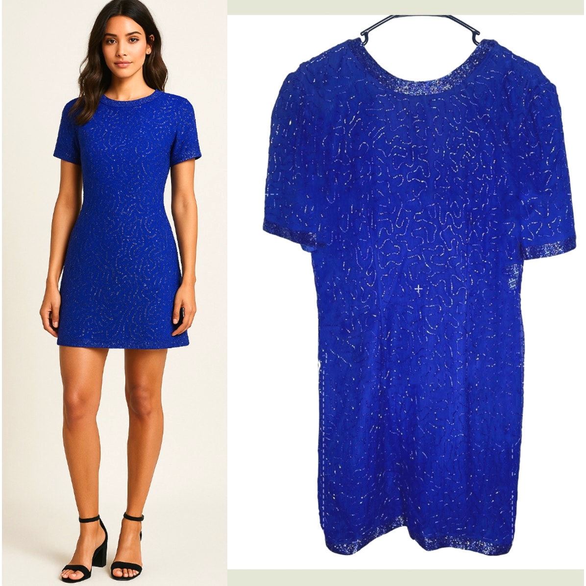 Vintage 1980s Womans 6 Stenay 100% Silk Beaded Sheath Party Dress Royal Blue