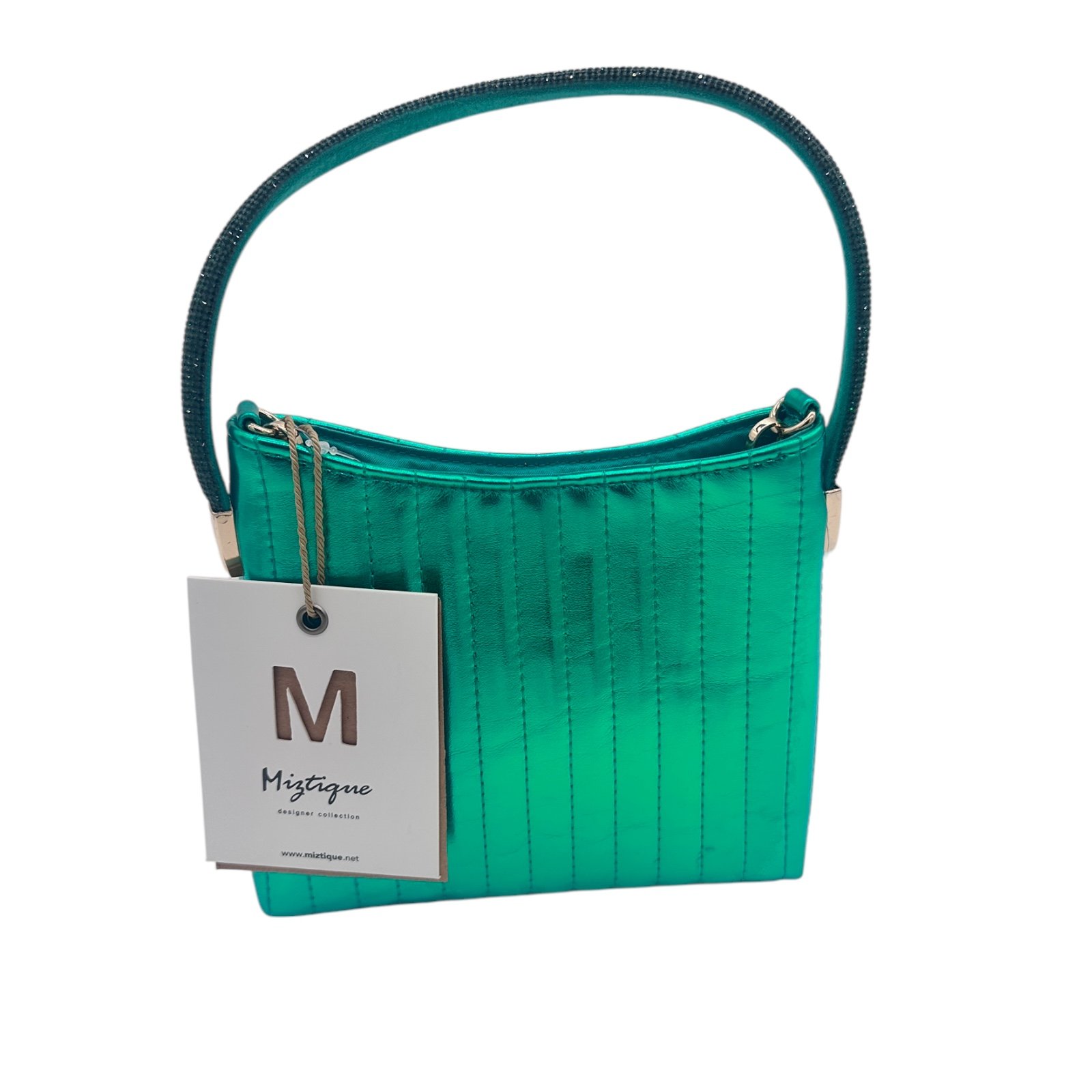 Miztique Quilted Handbag with Rhinestone Handle & Crossbody Strap Aqua Green