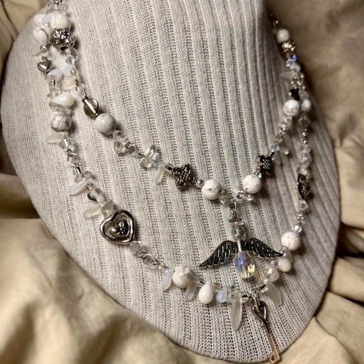 Opalite, Howlite & Clear Quartz Angel & Key Holographic Double Silver Necklace