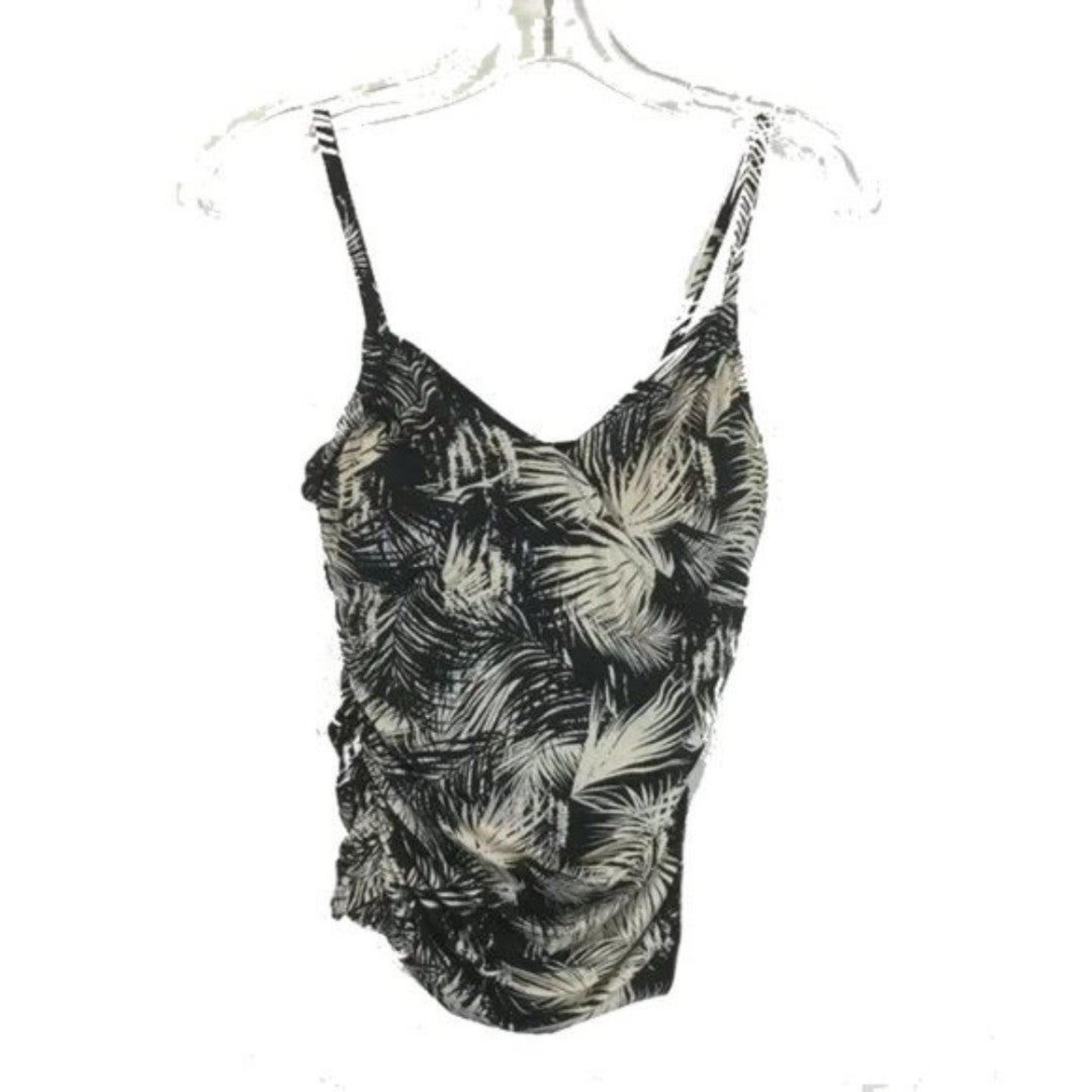 NWOT Womens Size 8 Garnet Hill Black Palm Print Ruched Surplice Tankini Top