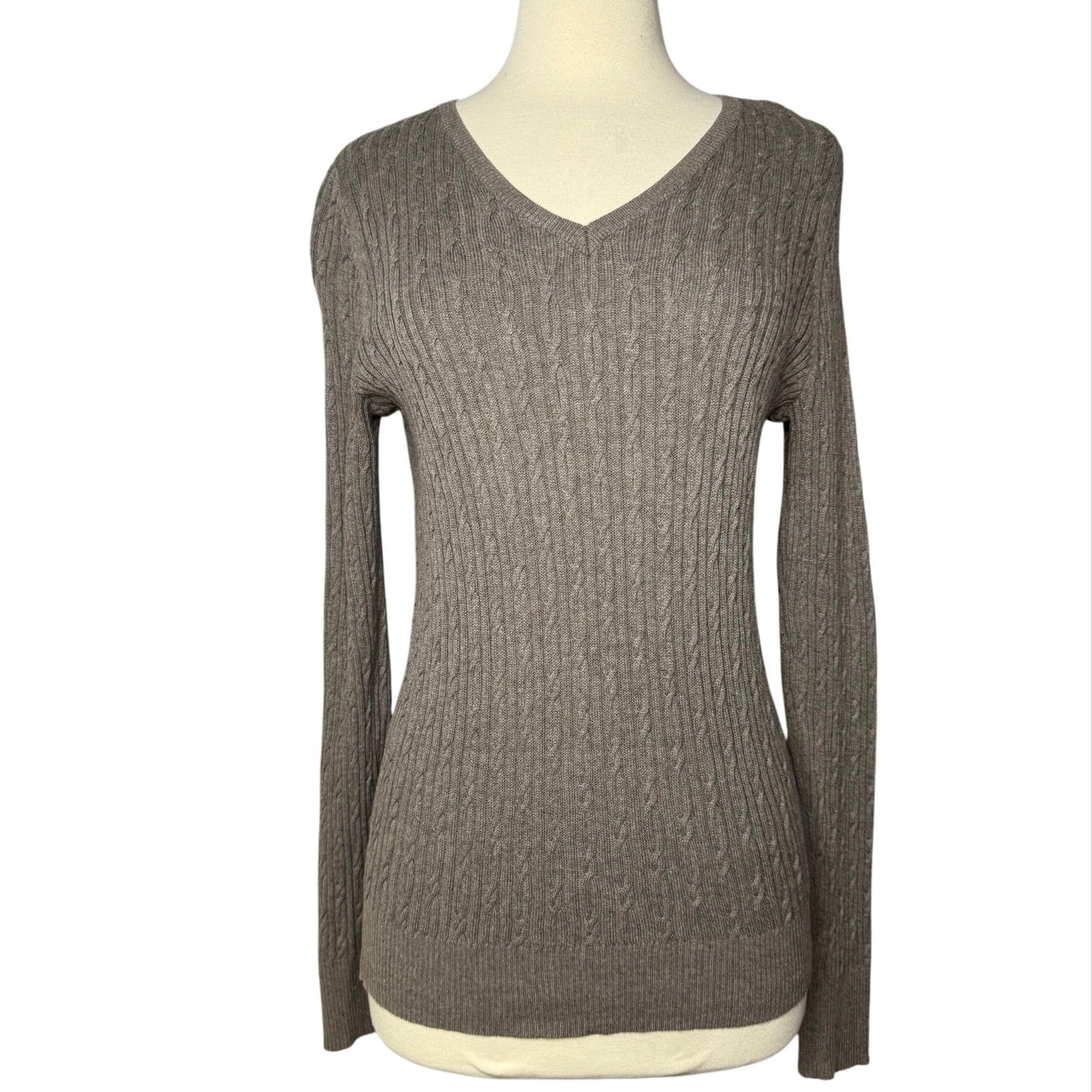 Small 100% Grey Cotton Cable Knit V Neck Sweater Soft Office Sonoma Lifestyle