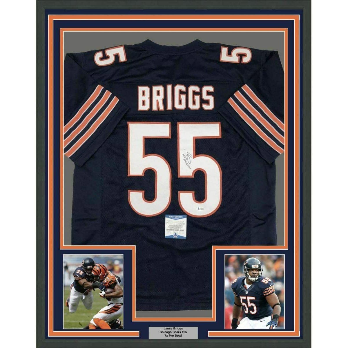 Framed Autographed/Signed Lance Briggs 35x39 Chicago Blue Jersey Beckett BAS COA
