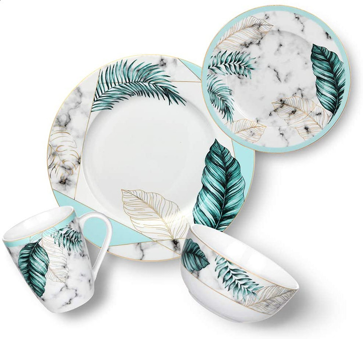 Porcelain 16-Piece Dinnerware Set Service for 4 Marble texture & Tropical leaves