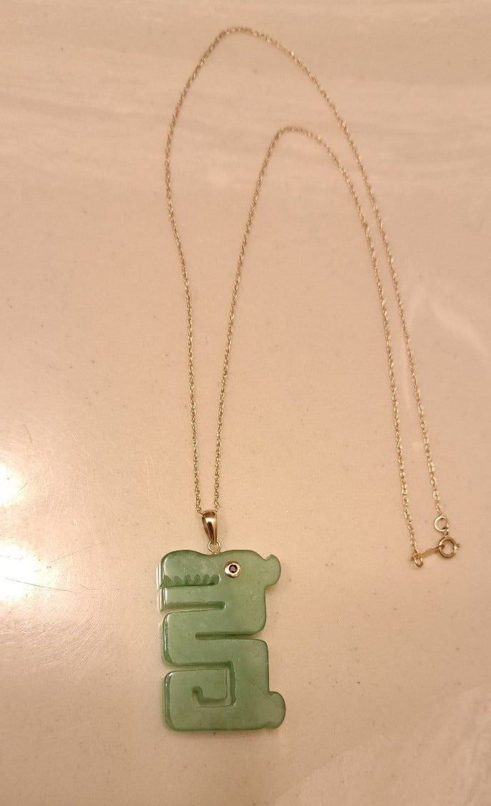 14kt Gold Green Jade Dragon Pendant w Ruby Eyes on 14kt Gold Necklace
