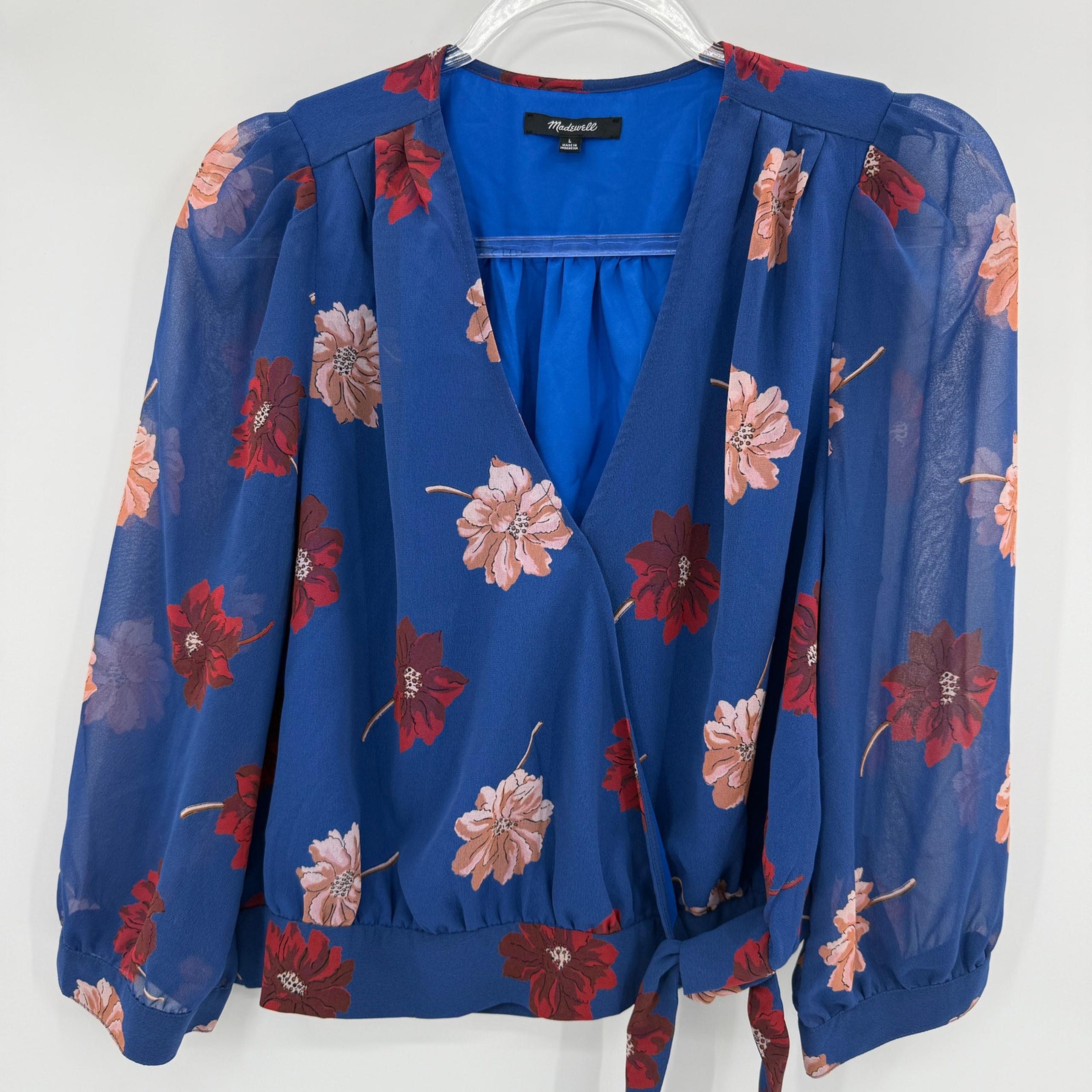 MADEWELL Women Wrap Blouse Size L Blue Floral Chiffon Sleeve V-Neck Boho Cottage