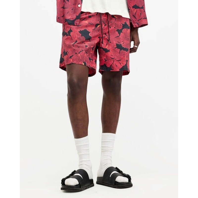 ALLSAINTS KAZA ELASTICATED WAIST MEN’S FLORAL RED BLACK SWIM TRUNKS SIZE: LARGE