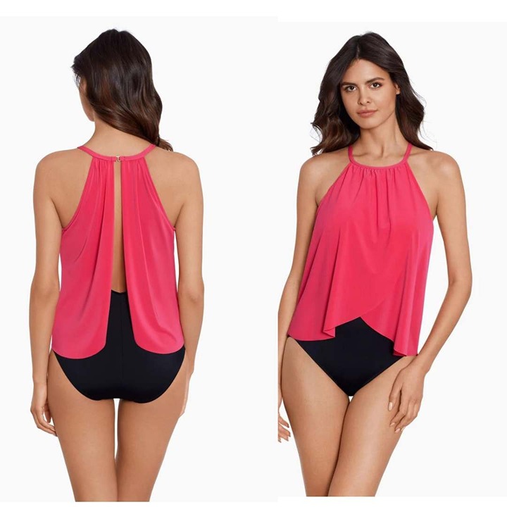 MagicSuit Pink Aubrey High-Neck One Piece Swimsuit Draped Front Slimming Size 14