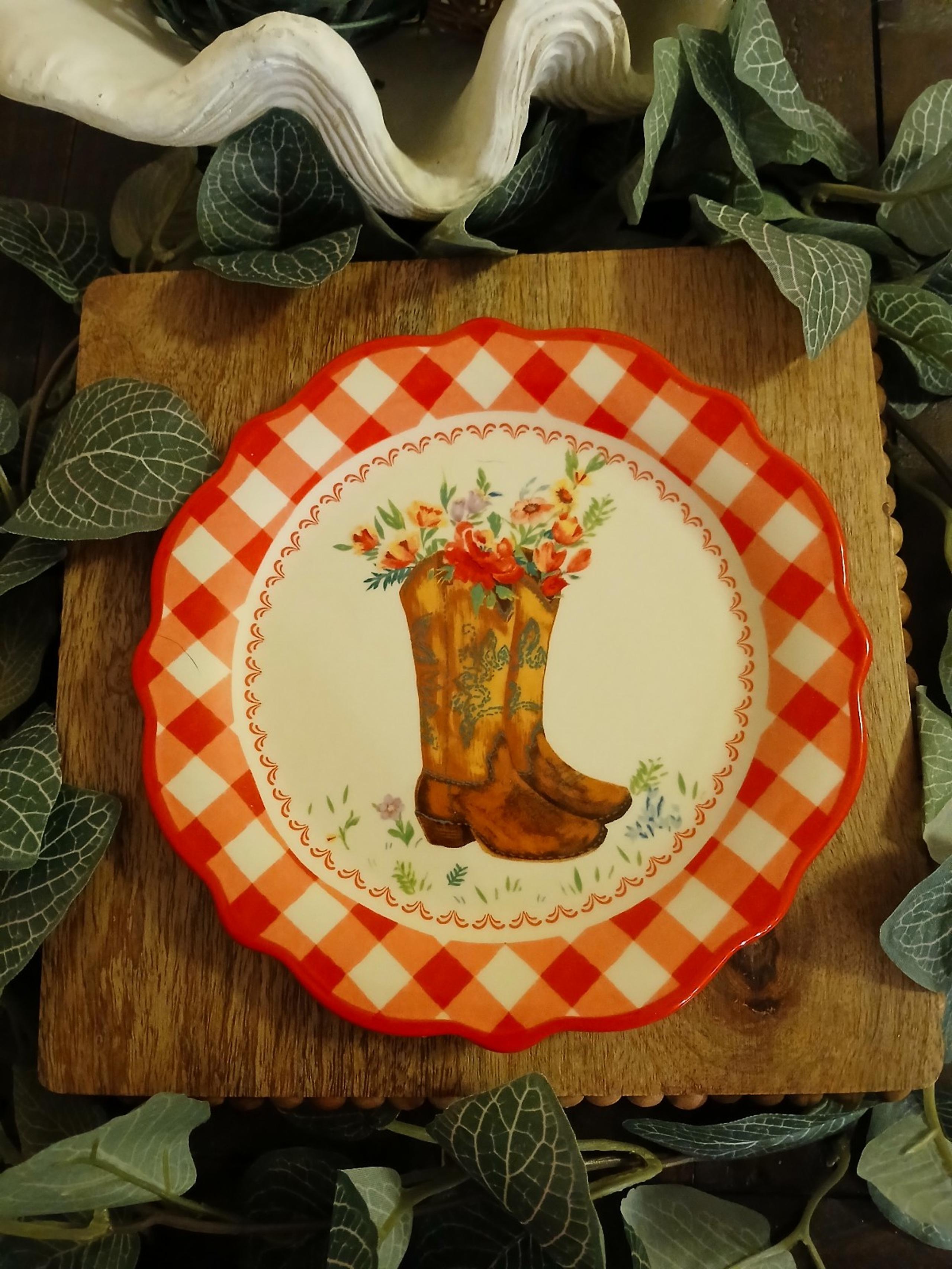 Pioneer Woman Red Gingham Cowboy Boots Appetizer Plate