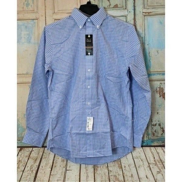 Jos A Bank Traveler Mens Size 16-34 Blue Plaid Slim Fit Cotton Button Down Shirt