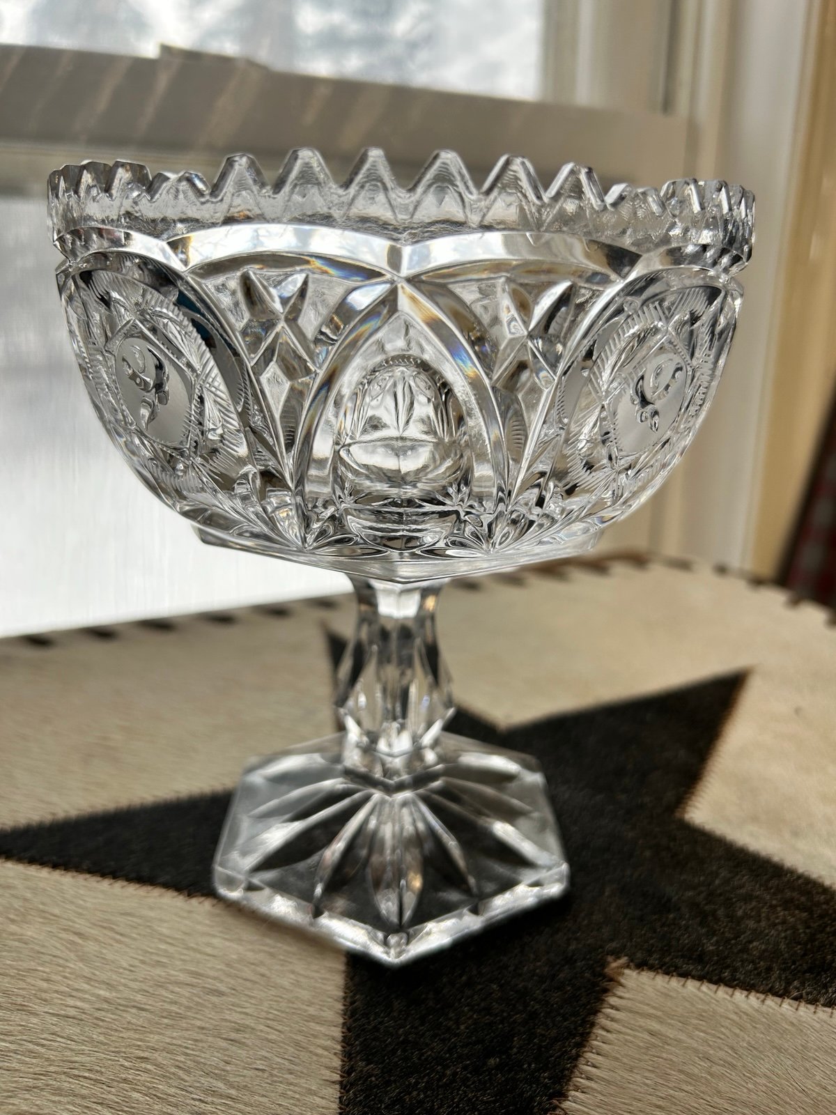 Vintage Crystal Sawtooth Pedestal Compote Bowl
