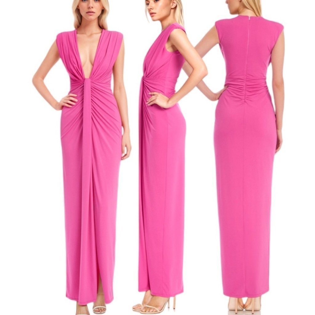 Jewel by Badgley Mischka Pink Draped Shirred Party Dress with Deep V-Neck Sz 12