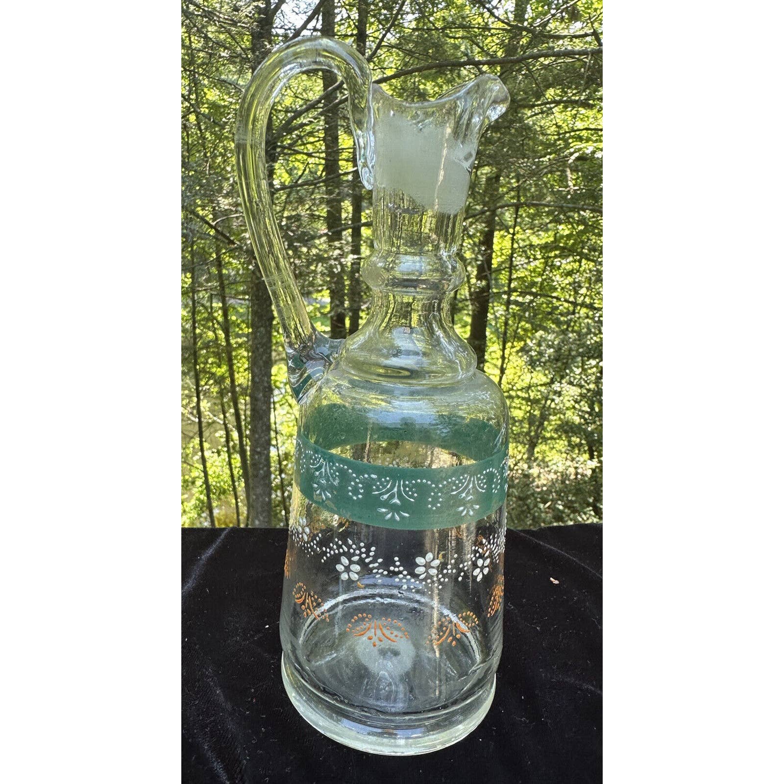 Bohemian Style Clear Glass Hand Painted Green & Gold Wine Decanter S30
