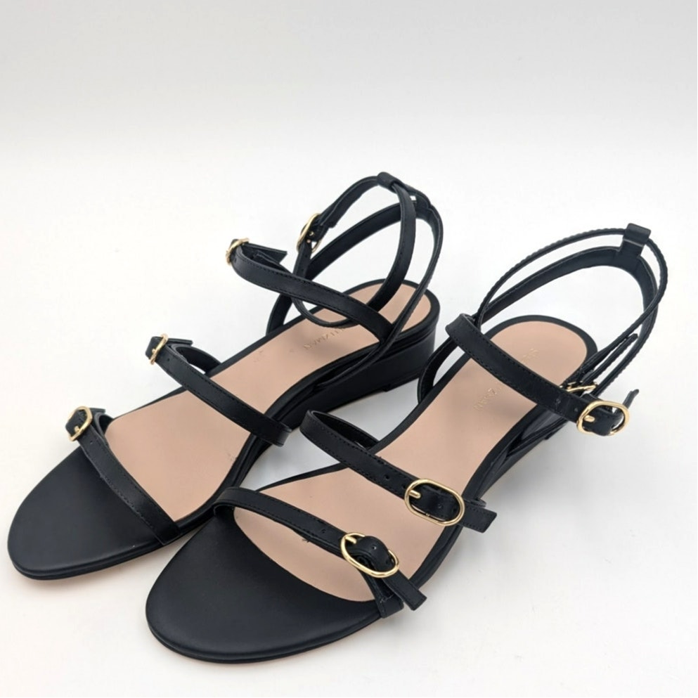 Stuart Weitzman Grecian Buckle Wedge Sandal Women's Black Size US7B EU37.5