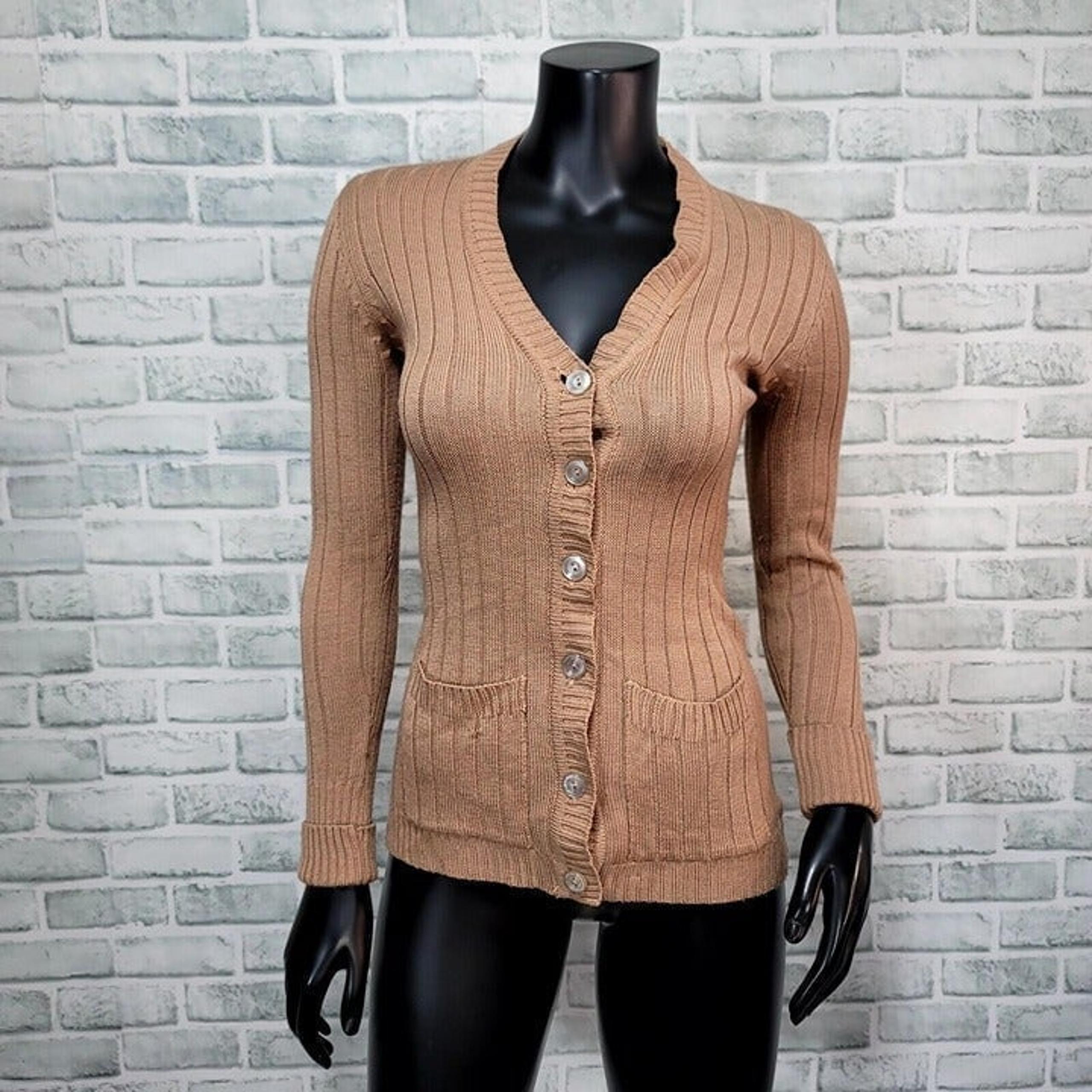 Vintage 70s Genesis Size S Tan Knit Acrylic Cardigan Sweater Fitted Lightweight