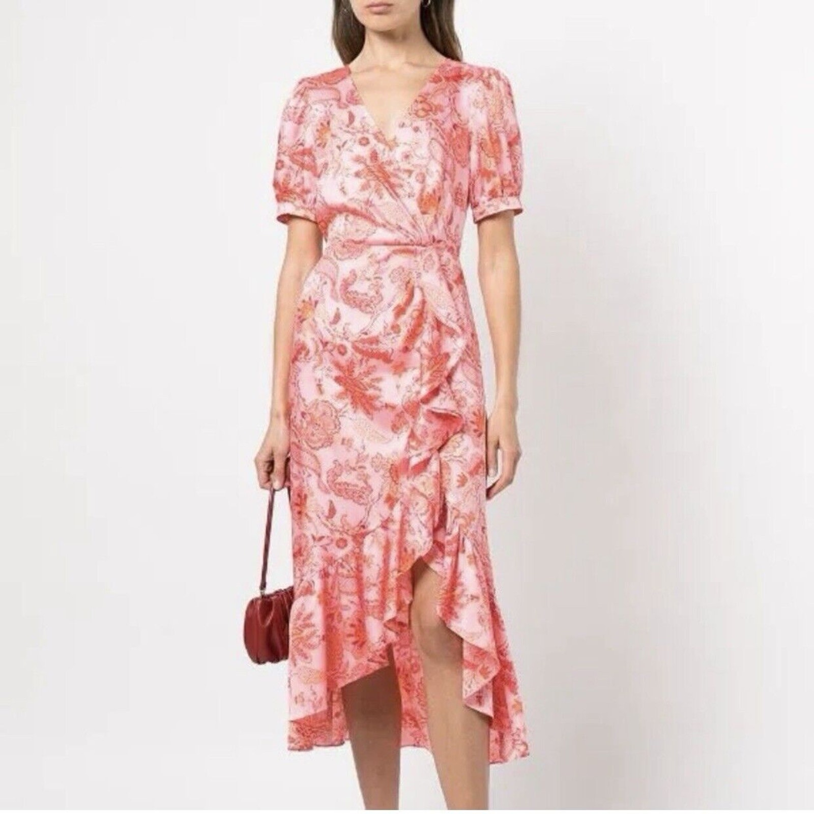 Cinq a Sept Kay Ruffle Midi Dress English Rose Pink Orange Floral 14 NWT