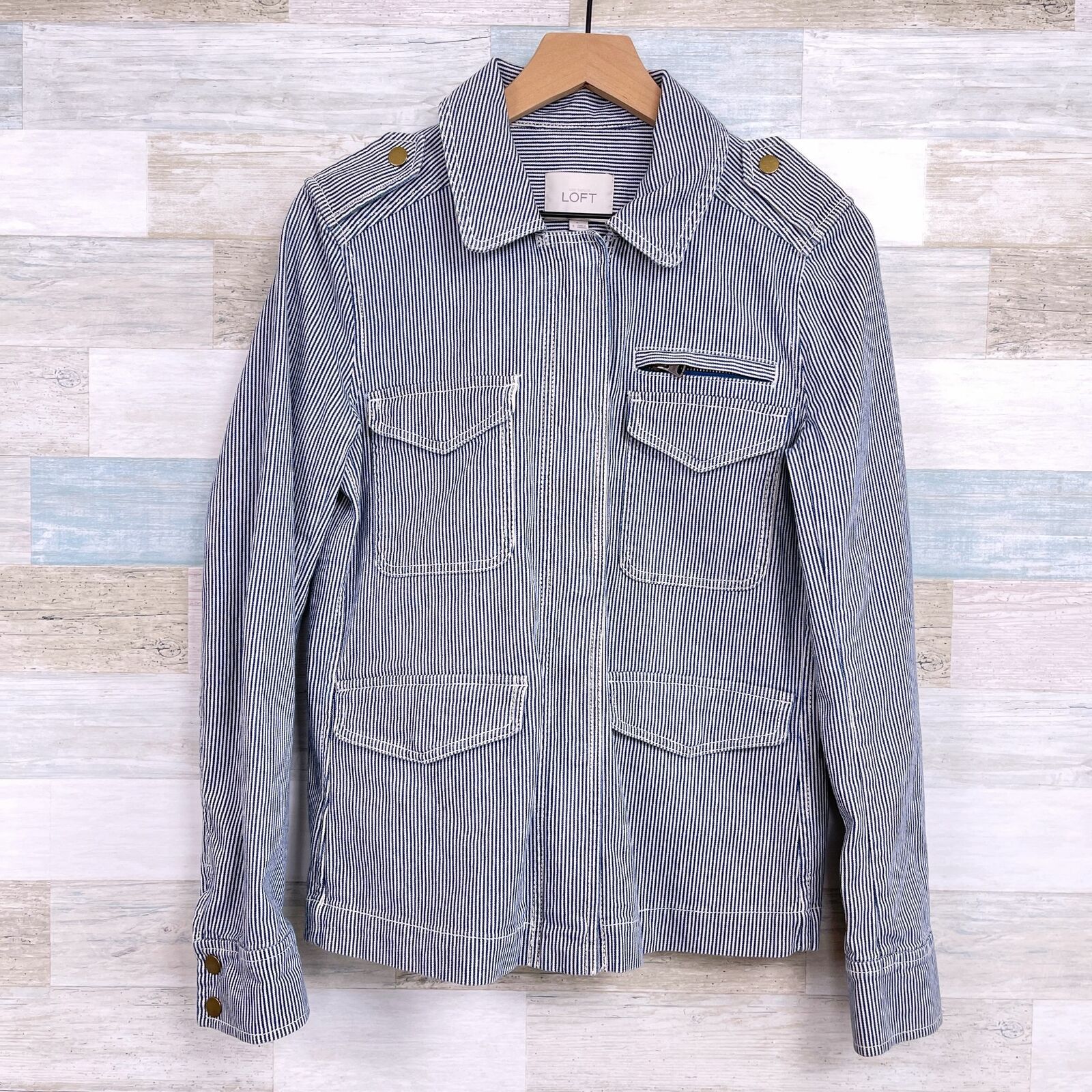 LOFT Railroad Stripe Denim City Jacket Blue White Pockets Zip Snaps Womens Small