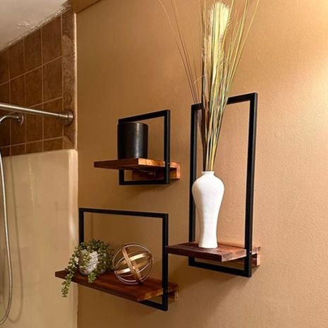 Metal Frame Rustic Wooden Floating Hanging Shelves, Home Decor Set of 3